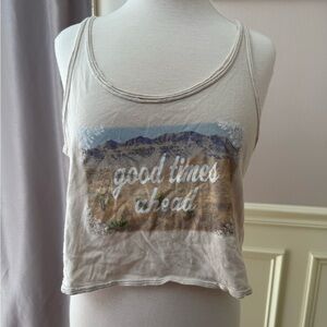 American Eagle Outfitters White and Brown Crop Graphic Tank Top